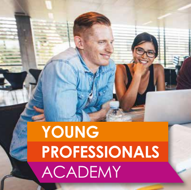 Young Professionals Academy logo with male and female student smiling in the background
