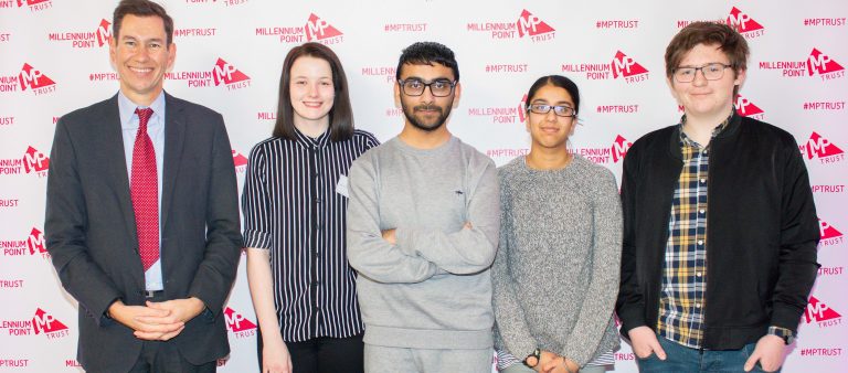 Principal Dr Matt Lamb pictured with female and male students at the Millenium Point