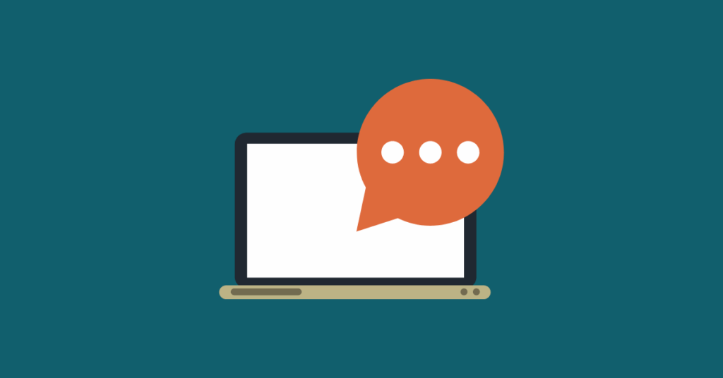 Laptop with orange speech bubble and blue background