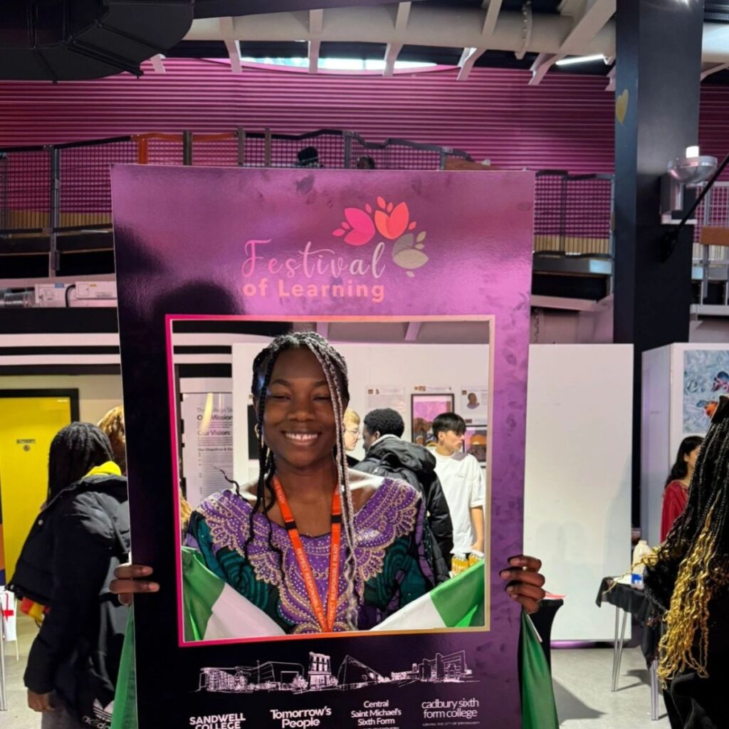 Festival of learning photo frame with student smiling