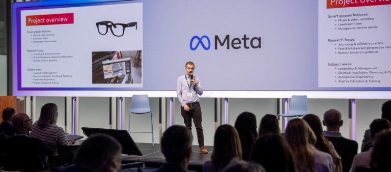 Fab Lab's Ben Haddock speaking on stage at the Meta Summit