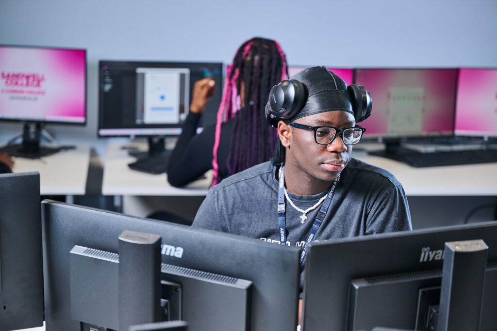 Student in front of computers