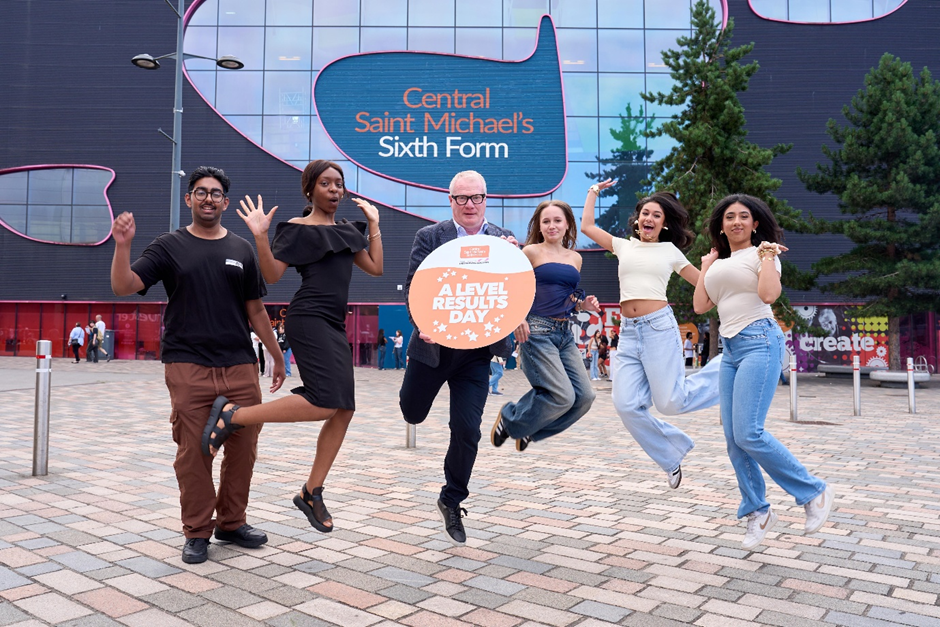 Students at Central Saint Michael’s Sixth Form celebrate A-Level success with Richard Parker, Mayor of the West Midlands