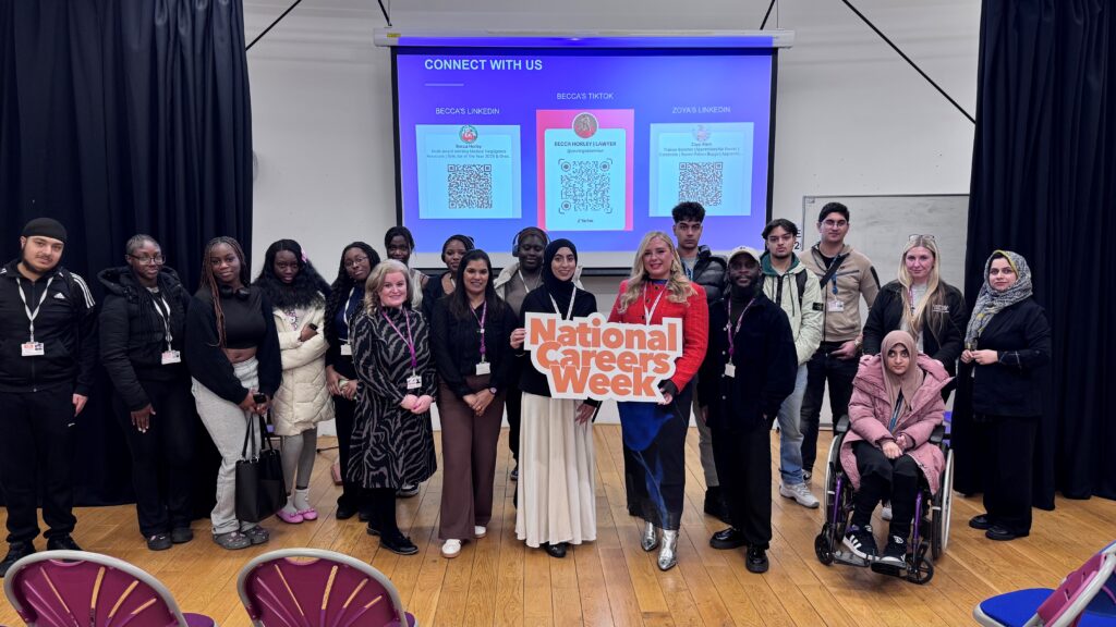 Law staff, students and solicitors with National Careers Week sign